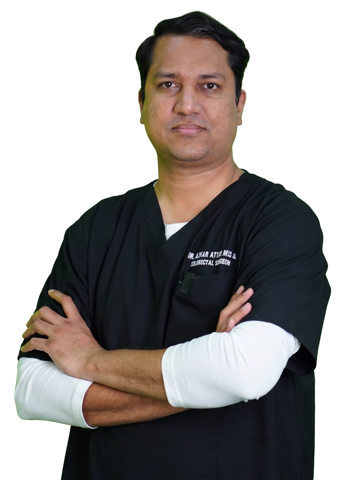 Dr. Azhar Attar in black surgical scrubs